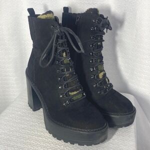 Madden Girl Black Kikki Platform Hiking Boot Camo Faux Fur women sz 10 M